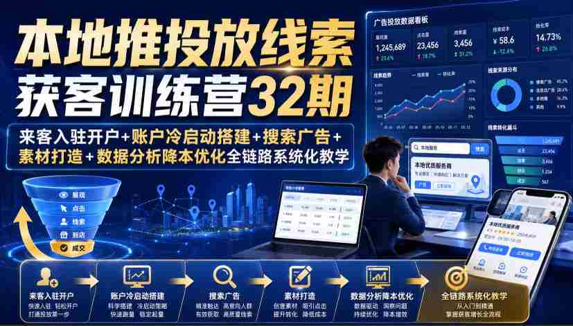 本地推投放线索获客训练营32期｜来客入驻开户+账户冷启动搭建+搜索广告+素材打造+数据分析降本优化全链路系统化教学（8月全新课程）-任任的小木屋 - 热点知汇