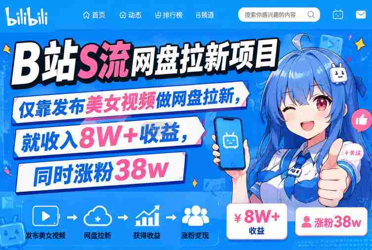 B站S流网盘拉新项目，仅靠发布美女视频做网盘拉新，就收入8W+收益，同时涨粉38w-任任的小木屋 - 热点知汇