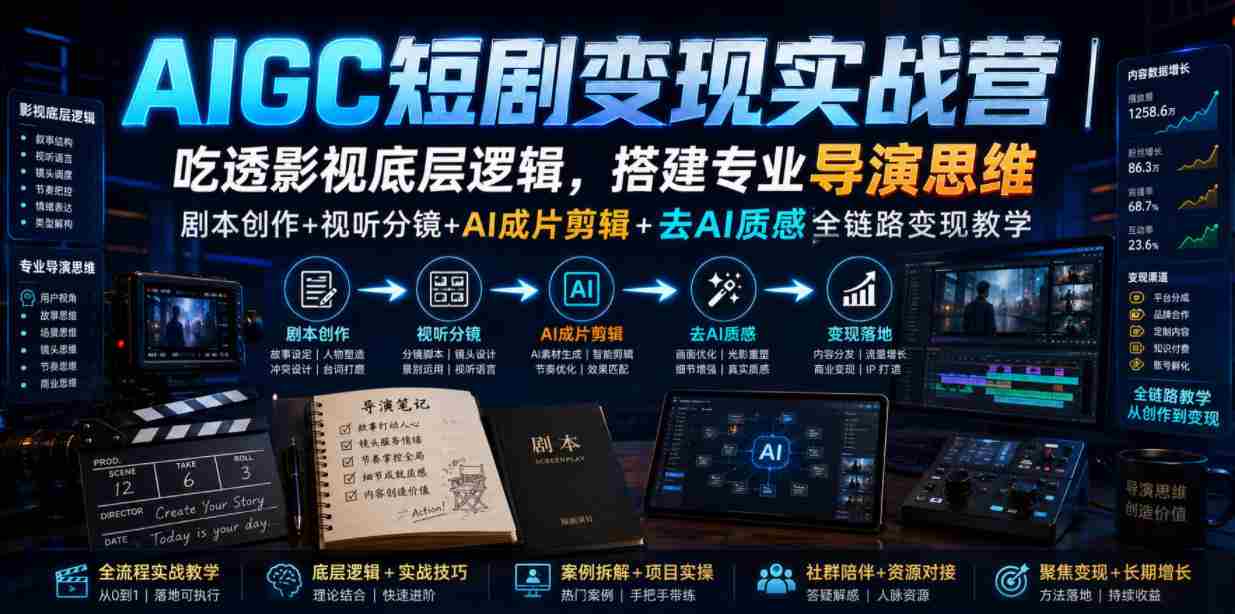 AIGC短剧变现实战营｜吃透影视底层逻辑，搭建专业导演思维，剧本创作+视听分镜+AI成片剪辑+去AI质感全链路变现教学-任任的小木屋 - 热点知汇
