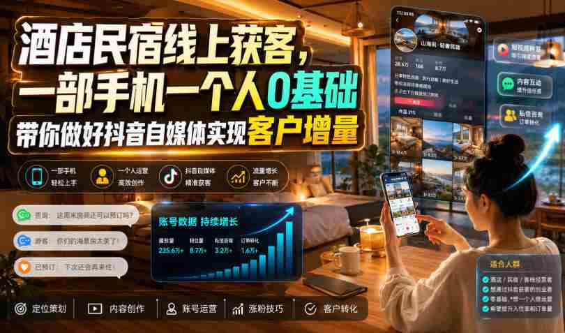 酒店民宿线上获客，一部手机一个人0基础带你做好抖音自媒体实现客户增量-任任的小木屋 - 热点知汇