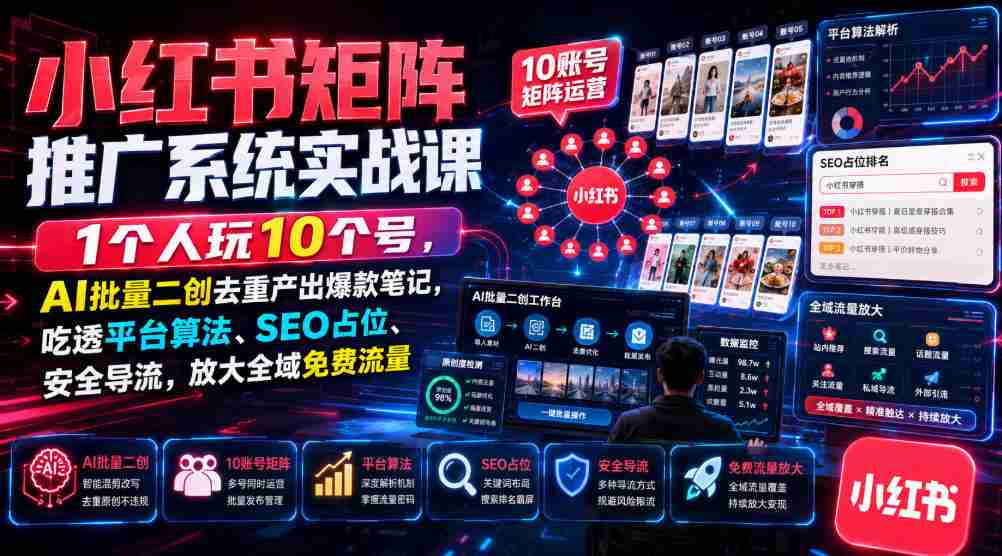 小红书矩阵推广系统实战课｜1个人玩10个号，AI批量二创去重产出爆款笔记，吃透平台算法、SEO占位、安全导流，放大全域免费流量-任任的小木屋 - 热点知汇