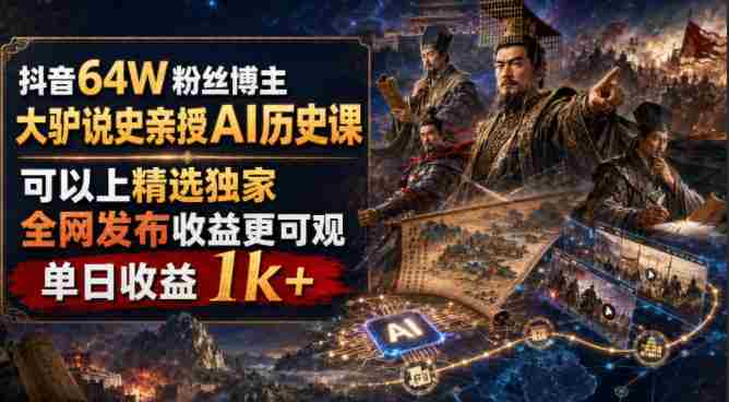 抖音64W粉丝博主大驴说史亲授AI历史课，可以上精选独家，全网发布收益更可观，单日收益1k+-任任的小木屋 - 热点知汇
