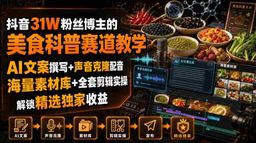 抖音31W粉丝博主的美食科普赛道教学，AI文案撰写+声音克隆配音+剪辑实操，解锁精选独家收益-任任的小木屋 - 热点知汇