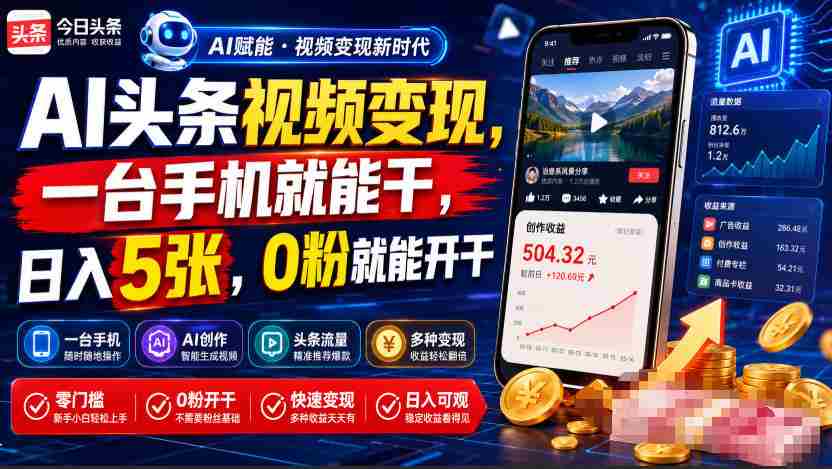 AI头条视频变现,一台手机就能干,日入5张,0粉就能开干-任任的小木屋 - 热点知汇