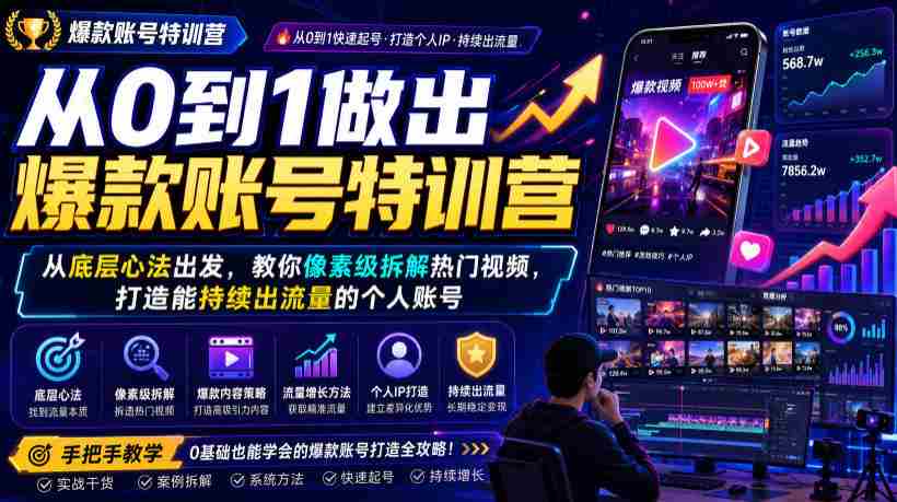 从0到1做出爆款账号特训营，从底层心法出发，教你像素级拆解热门视频，打造能持续出流量的个人账号-任任的小木屋 - 热点知汇