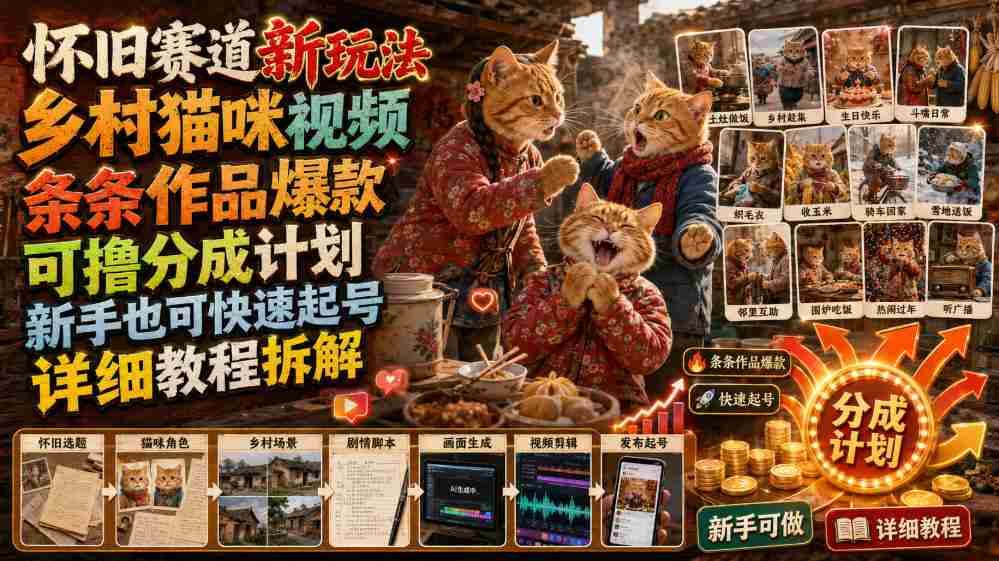 怀旧赛道新玩法，乡村猫咪视频，条条作品爆款，可撸分成计划，新手也可快速起号，详细教程拆解-任任的小木屋 - 热点知汇