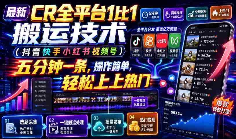 最新CR全平台1比1搬运技术（抖音快手小红书视频号）五分钟分钟一条，操作简单，轻松上热门（教程+软件+参数）-任任的小木屋 - 热点知汇