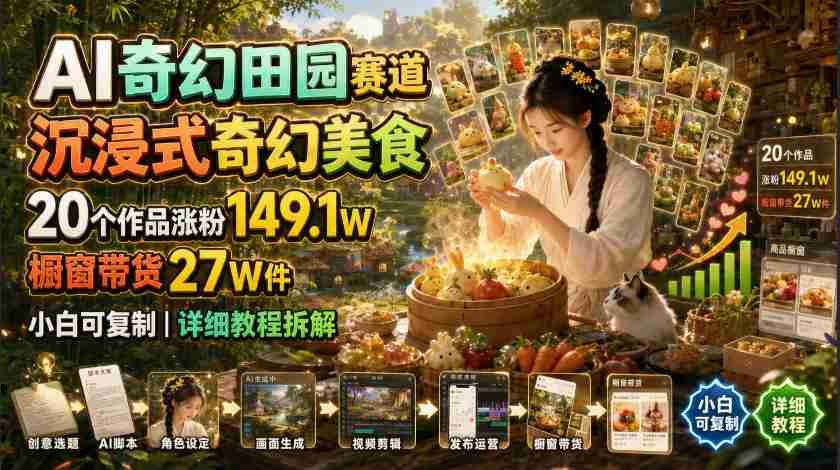 AI奇幻田园赛道，沉浸式奇幻美食，20个作品涨粉149.1W，橱窗带货27W件，小白可复制，详细教程拆解-任任的小木屋 - 热点知汇