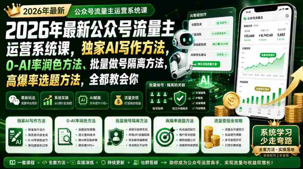 2026年最新公众号流量主运营系统课,独家AI写作方法,0-AI率润色方法、批量做号隔离方法、高爆率选题方法,全都教会你-任任的小木屋 - 热点知汇