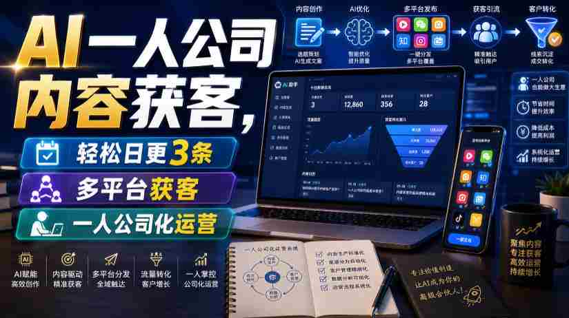 AI一人公司内容获客，轻松日更3条，多平台获客，一人公司化运营（更新）-任任的小木屋 - 热点知汇