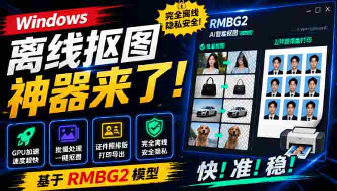 Windows离线抠图神器来了!支持批量抠图+证件照排版打印,基于RMBG2模型,GPU加速方块AI抠图-任任的小木屋 - 热点知汇