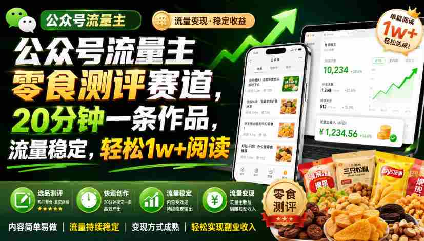 公众号流量主零食测评赛道，20分钟一条作品，流量稳定，轻松1w+阅读-任任的小木屋 - 热点知汇