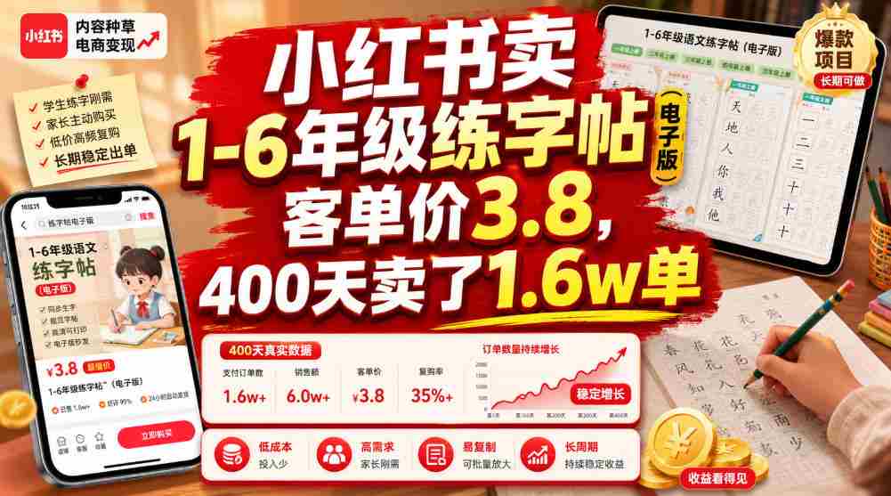 小红书卖1-6年级练字帖（电子版），客单价3.8，400天卖了1.6w单-任任的小木屋 - 热点知汇
