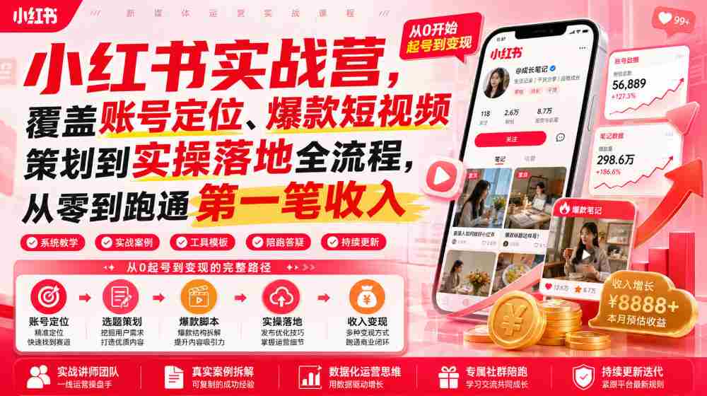 小红书实战营，覆盖账号定位、爆款短视频策划到实操落地全流程，从零到跑通第一笔收入-任任的小木屋 - 热点知汇