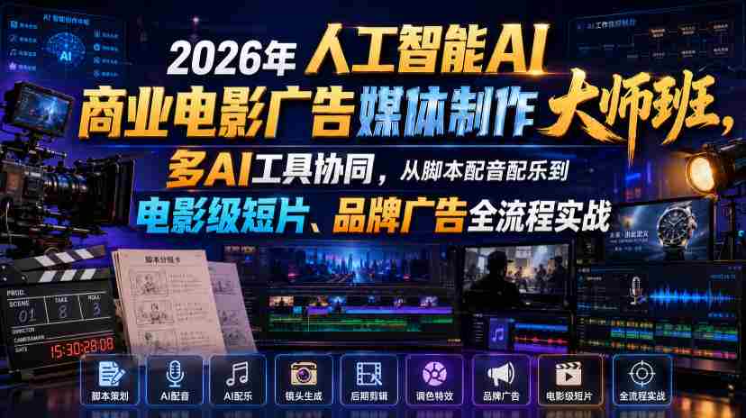 2026年人工智能AI商业电影广告媒体制作大师班，多AI工具协同，从脚本配音配乐到电影级短片、品牌广告全流程实战（中英字幕）-任任的小木屋 - 热点知汇