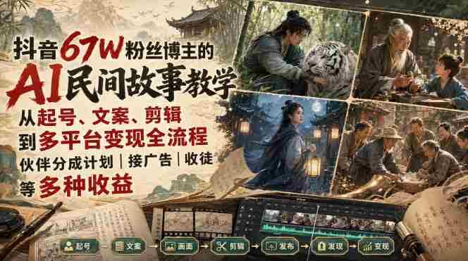 抖音67W粉丝博主的AI民间故事教学，从起号、文案、剪辑到多平台变现全流程，伙伴分成计划接广告等多种收益，月入1W+-任任的小木屋 - 热点知汇