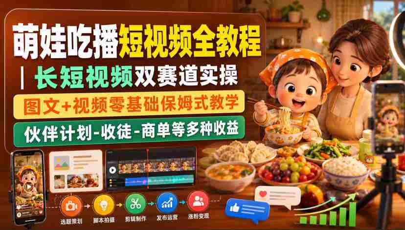 萌娃吃播短视频全教程|长短视频双赛道实操,图文+视频零基础保姆式教学,伙伴计划-收徒-商单等多种变现方式-任任的小木屋 - 热点知汇