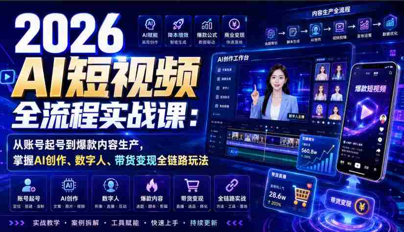 2026 AI短视频全流程实战课:从账号起号到爆款内容生产,掌握AI创作、数字人、带货变现全链路玩法-任任的小木屋 - 热点知汇