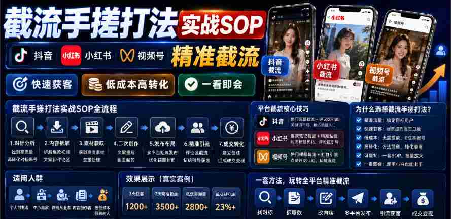 截流手搓打法实战SOP，抖音小红书视频号精准截流，快速获客，低成本高转化，一看即会-任任的小木屋 - 热点知汇