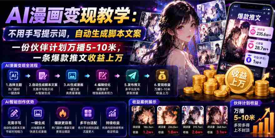 AI漫画变现教学：不用手写提示词，自动生成脚本文案，一份伙伴计划万播5-10米，一条爆款推文收益上W-任任的小木屋 - 热点知汇