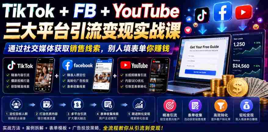 TikTok+FB+YouTube三大平台引流变现实战课，通过社交媒体获取销售线索，别人填表单你賺钱【原创双语字幕】-任任的小木屋 - 热点知汇
