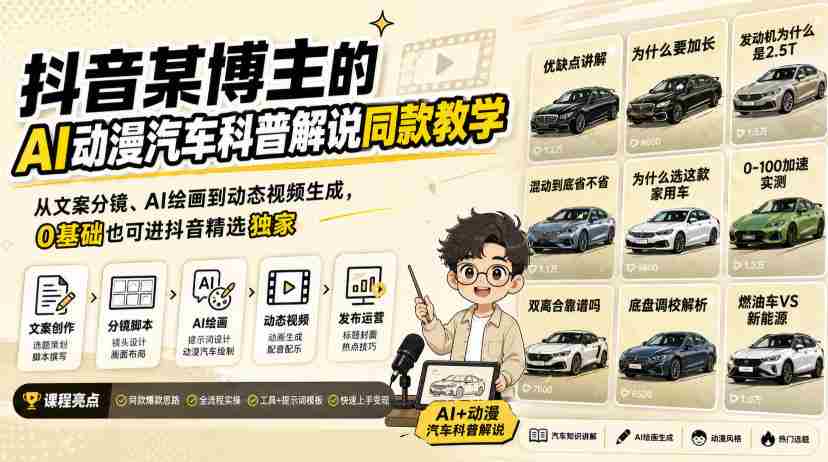 抖音某博主的AI动漫汽车科普解说同款教学，从文案分镜、AI绘画到动态视频生成，0基础解锁抖音精选独家收益-任任的小木屋 - 热点知汇