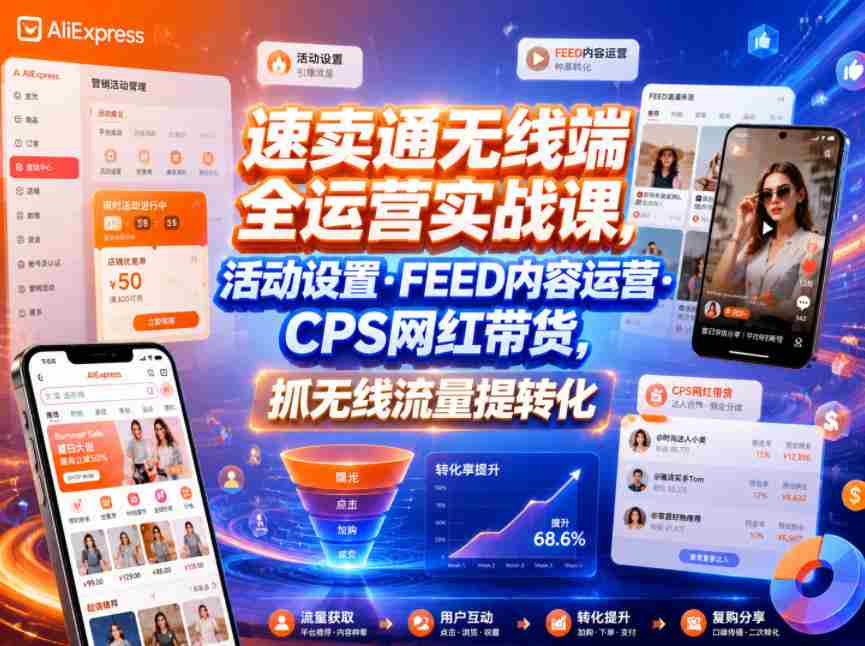 速卖通无线端全运营实战课，活动设置・FEED内容运营・CPS网红带货，抓无线流量提转化-任任的小木屋 - 热点知汇