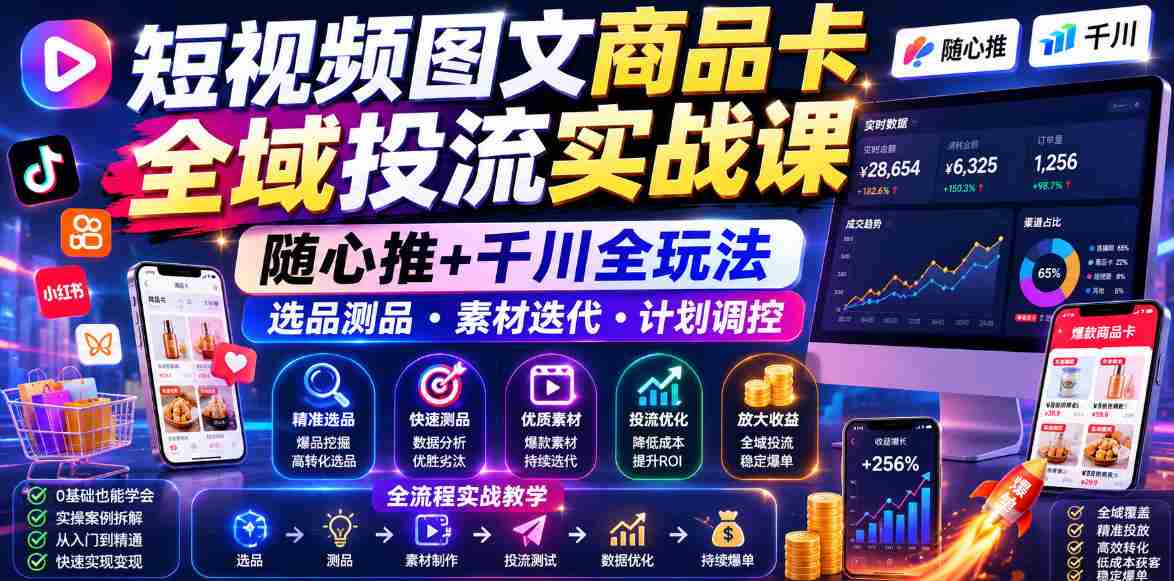 短视频图文商品卡全域投流实战课，随心推+千川全玩法，选品测品・素材迭代・计划调控，提升ROI爆单增收教程-任任的小木屋 - 热点知汇
