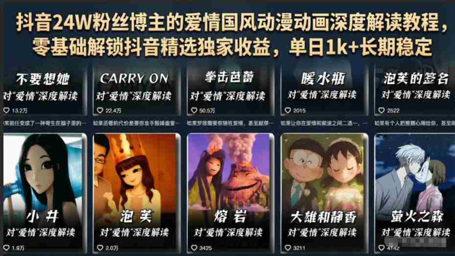 抖音24W粉丝博主的爱情国风动漫动画深度解读教程，零基础解锁抖音精选独家收益，单日1k+长期稳定-任任的小木屋 - 热点知汇
