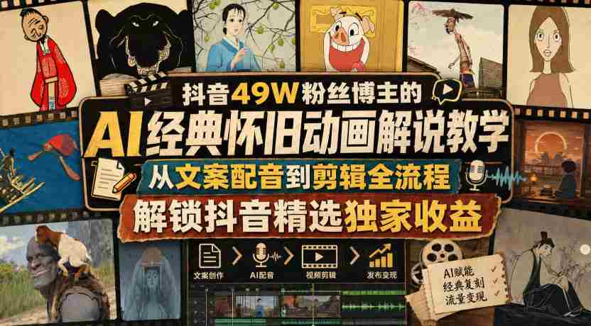 抖音49W粉丝博主的AI经典怀旧动画解说教学，从文案配音到剪辑全流程，解锁抖音精选独家收益-任任的小木屋 - 热点知汇
