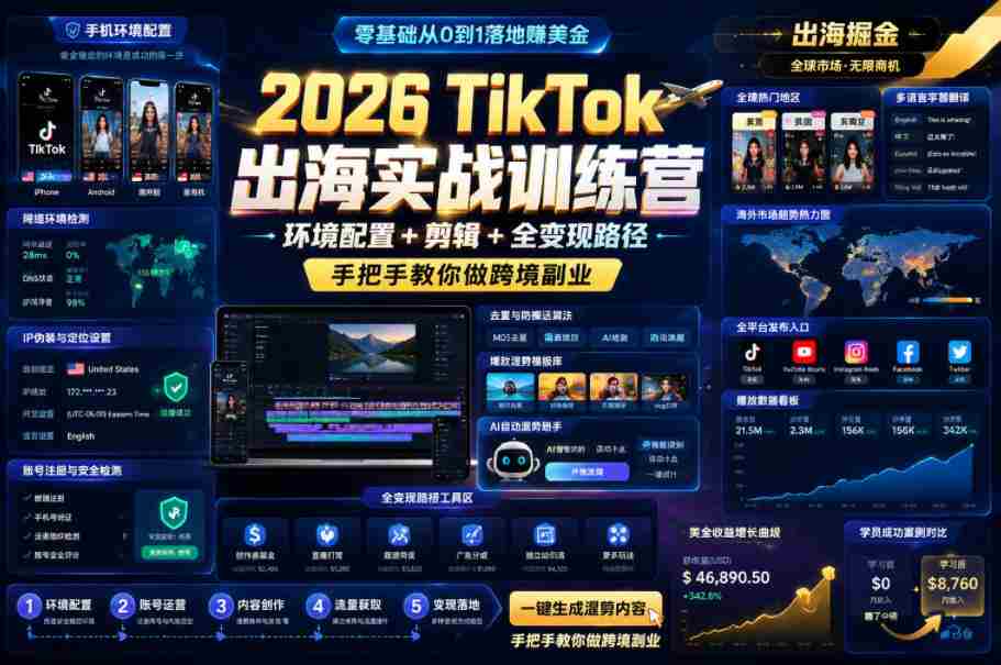 2026 TikTok出海实战训练营，环境配置 + 剪辑 + 全变现路径，手把手教你做跨境副业-任任的小木屋 - 热点知汇