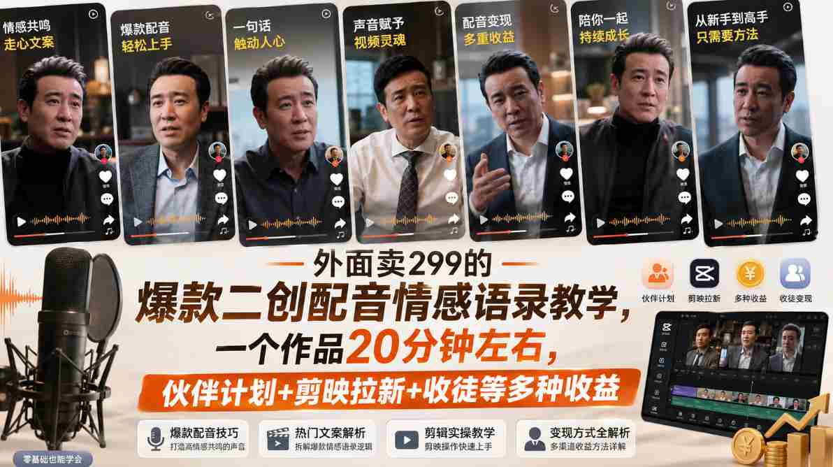 外面卖299的爆款二创配音情感语录教学，一个作品20分钟左右，伙伴计划+剪映拉新+收徒等多种收益-任任的小木屋 - 热点知汇