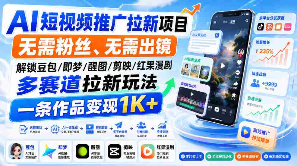 AI短视频推广拉新项目，无需粉丝、无需出镜，解锁豆包/即梦/醒图/剪映/红果漫剧多赛道拉新玩法，一条作品变现1K+-任任的小木屋 - 热点知汇