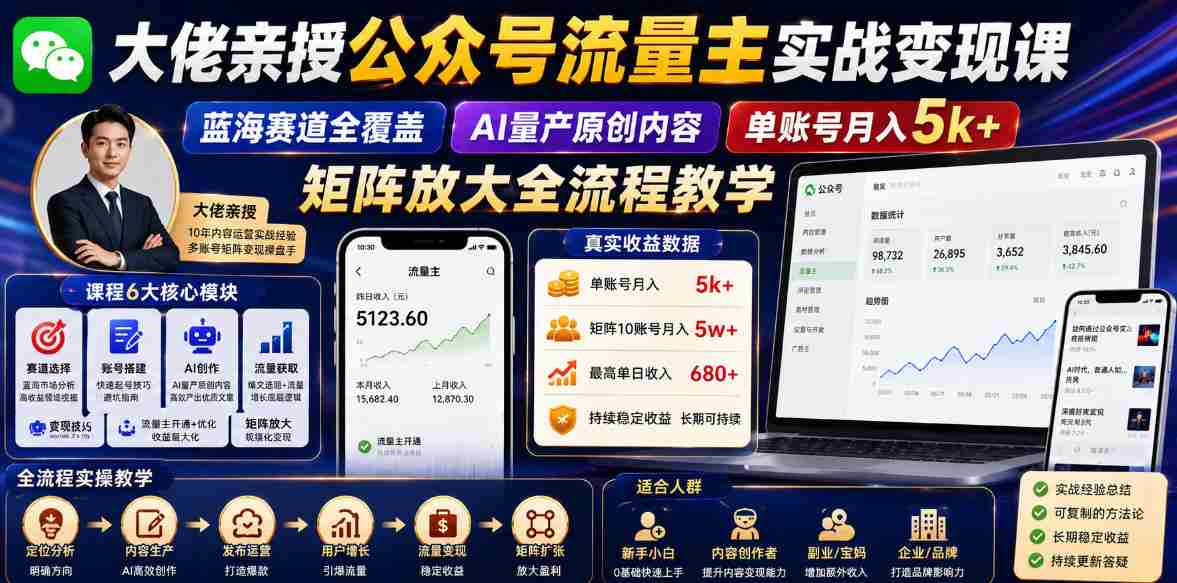大佬亲授公众号流量主实战变现课，蓝海赛道全覆盖，AI量产原创内容，单账号月入5k+矩阵放大全流程教学-任任的小木屋 - 热点知汇