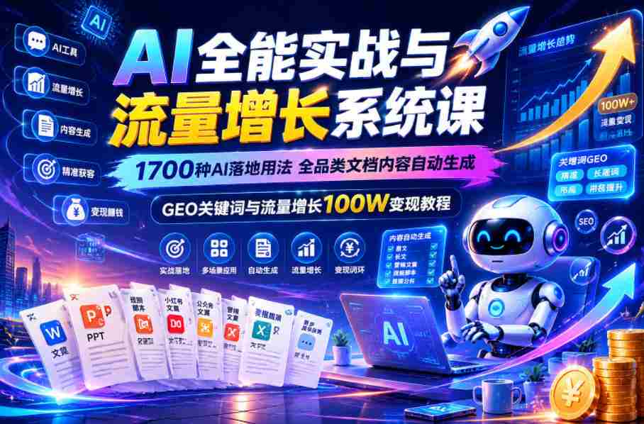 AI全能实战与流量增长系统课，1700种AI落地用法，全品类文档内容自动生成，GEO关键词与流量增长100W变现教程-任任的小木屋 - 热点知汇