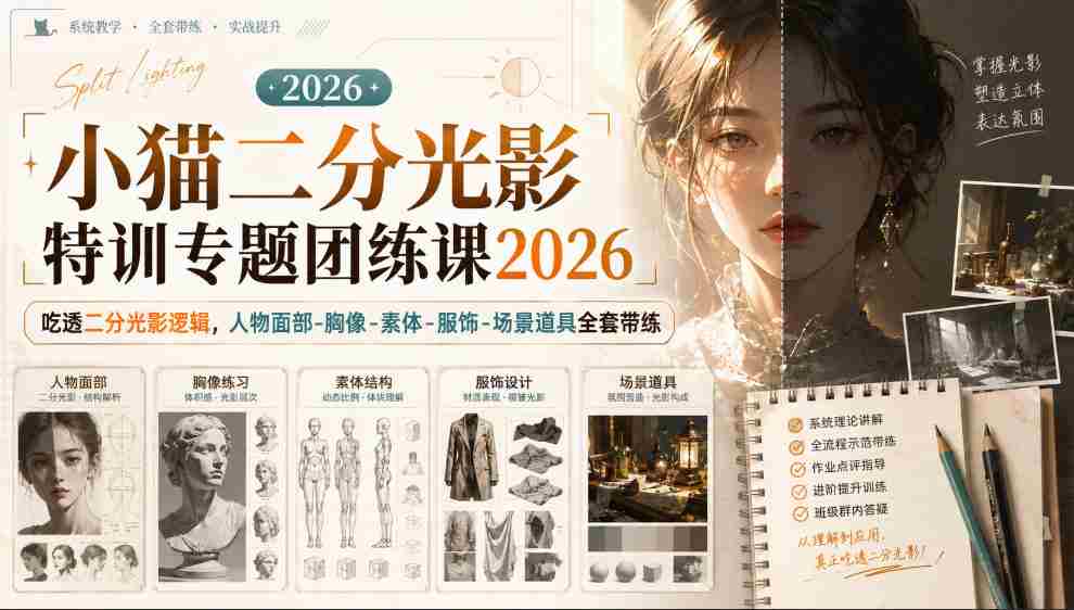 小猫二分光影特训专题团练课2026｜吃透二分光影逻辑，人物面部‑胸像‑素体‑服饰‑场景道具全套带练，高清画质附赠课件与笔刷-任任的小木屋 - 热点知汇