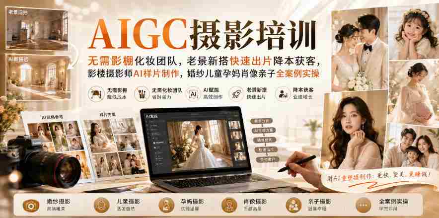 AIGC摄影培训|无需影棚化妆团队,老景新搭快速出片降本获客,影楼摄影师AI样片制作,婚纱儿童孕妈肖像亲子全案例实操-任任的小木屋 - 热点知汇