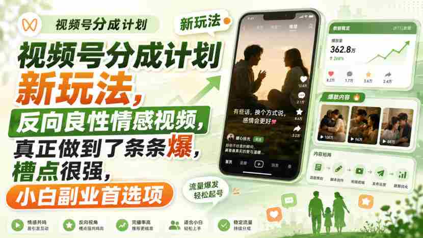 视频号分成计划新玩法，反向良性情感视频，真正做到了条条爆，槽点很强，小白副业首选项-任任的小木屋 - 热点知汇