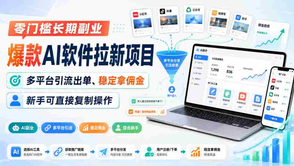 零门槛长期副业，爆款AI软件拉新项目，多平台引流出单、稳定拿佣金，新手可直接复制操作-任任的小木屋 - 热点知汇