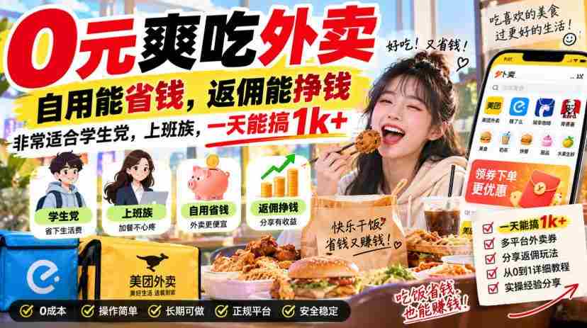 0元爽吃外卖,自用能省钱,返佣能挣钱,非常适合学生党,上班族,一天能搞1k+-任任的小木屋 - 热点知汇