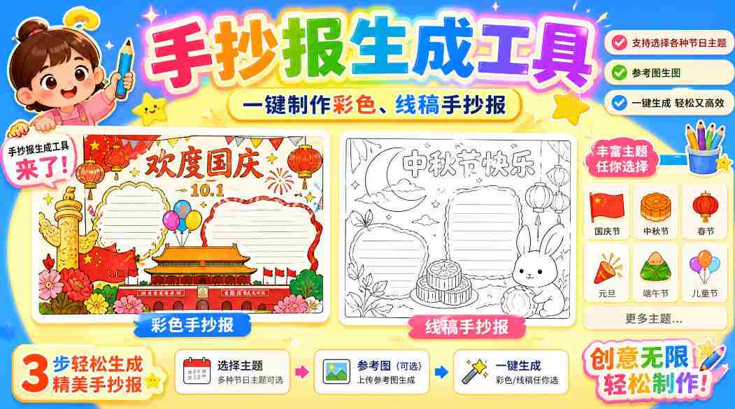 手抄报批量生成工具来了,完全免费,告别豆包生图,高清无水印-任任的小木屋 - 热点知汇