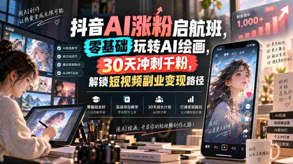 抖音AI涨粉启航班，零基础玩转AI绘画，30天冲刺千粉，解锁短视频副业变现路径-任任的小木屋 - 热点知汇