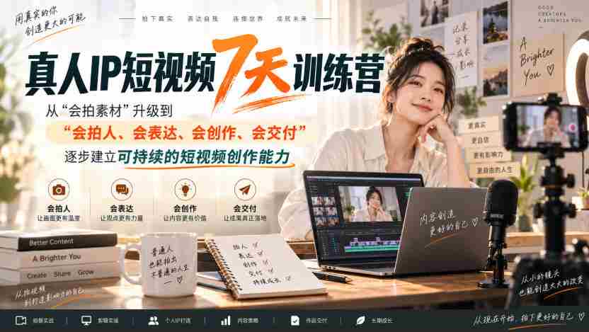 真人IP短视频7天训练营，从“会拍素材”升级到“会拍人、会表达、会创作、会交付”，逐步建立可持续的短视频创作能力-任任的小木屋 - 热点知汇