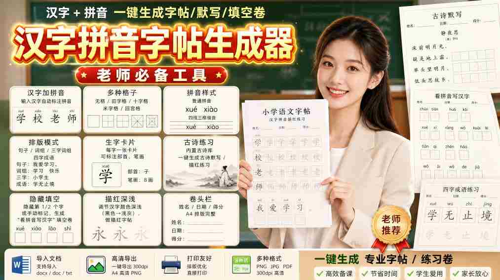 学习神器，汉字拼音字帖生成器，汉字+拼音 一键生成字帖/默写/填空卷，支持词组、成语，老师、家长必备-任任的小木屋 - 热点知汇