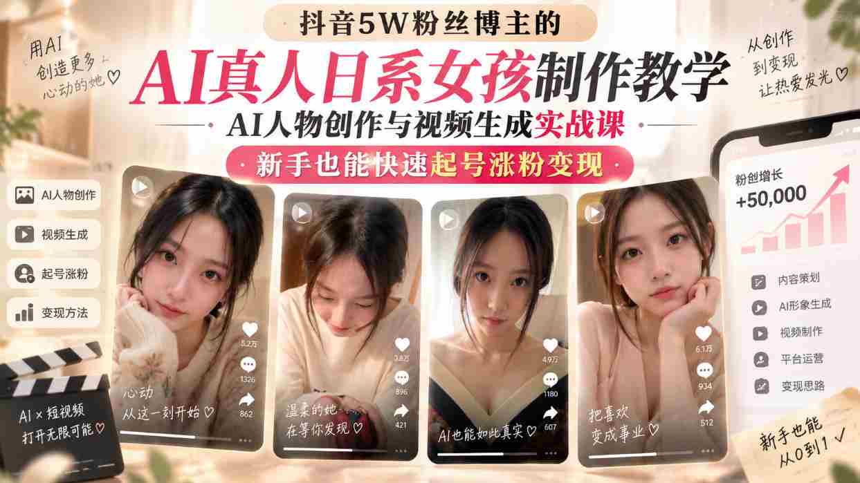 抖音5W粉丝博主的AI真人日系女孩制作教学，AI人物创作与视频生成实战课，新手也能快速起号涨粉变现-任任的小木屋 - 热点知汇