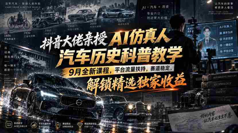抖音大佬亲授AI仿真人汽车历史科普教学，9月全新课程，平台流量扶持，赛道稳定，解锁精选独家收益-任任的小木屋 - 热点知汇