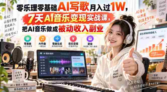 零乐理零基础AI写歌月入过1W，7天AI音乐变现实战课，把AI音乐做成被动收入副业-任任的小木屋 - 热点知汇