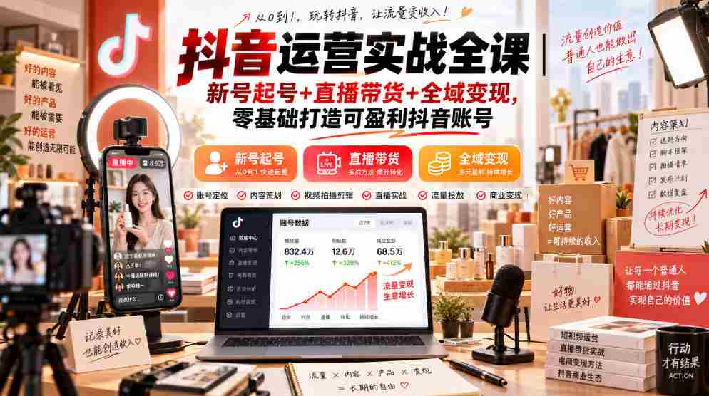 抖音运营实战全课｜新号起号+直播带货+全域变现，零基础打造可盈利抖音账号-任任的小木屋 - 热点知汇