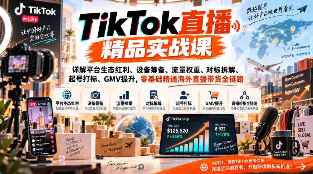 TikTok直播精品实战课，详解平台生态红利、设备筹备、流量权重、对标拆解、起号打标、GMV提升，零基础精通海外直播带货全链路-任任的小木屋 - 热点知汇