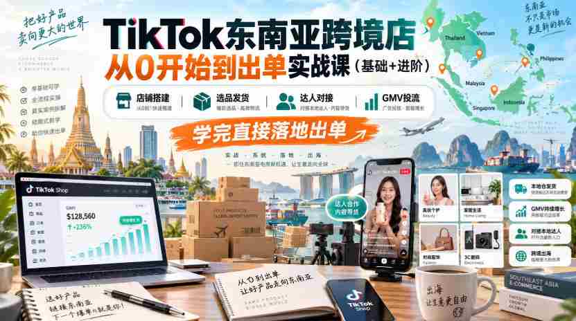 TikTok东南亚跨境店从0开始到出单实战课（基础+进阶），店铺搭建、选品发货、达人对接、GMV投流，学完直接落地出单-任任的小木屋 - 热点知汇
